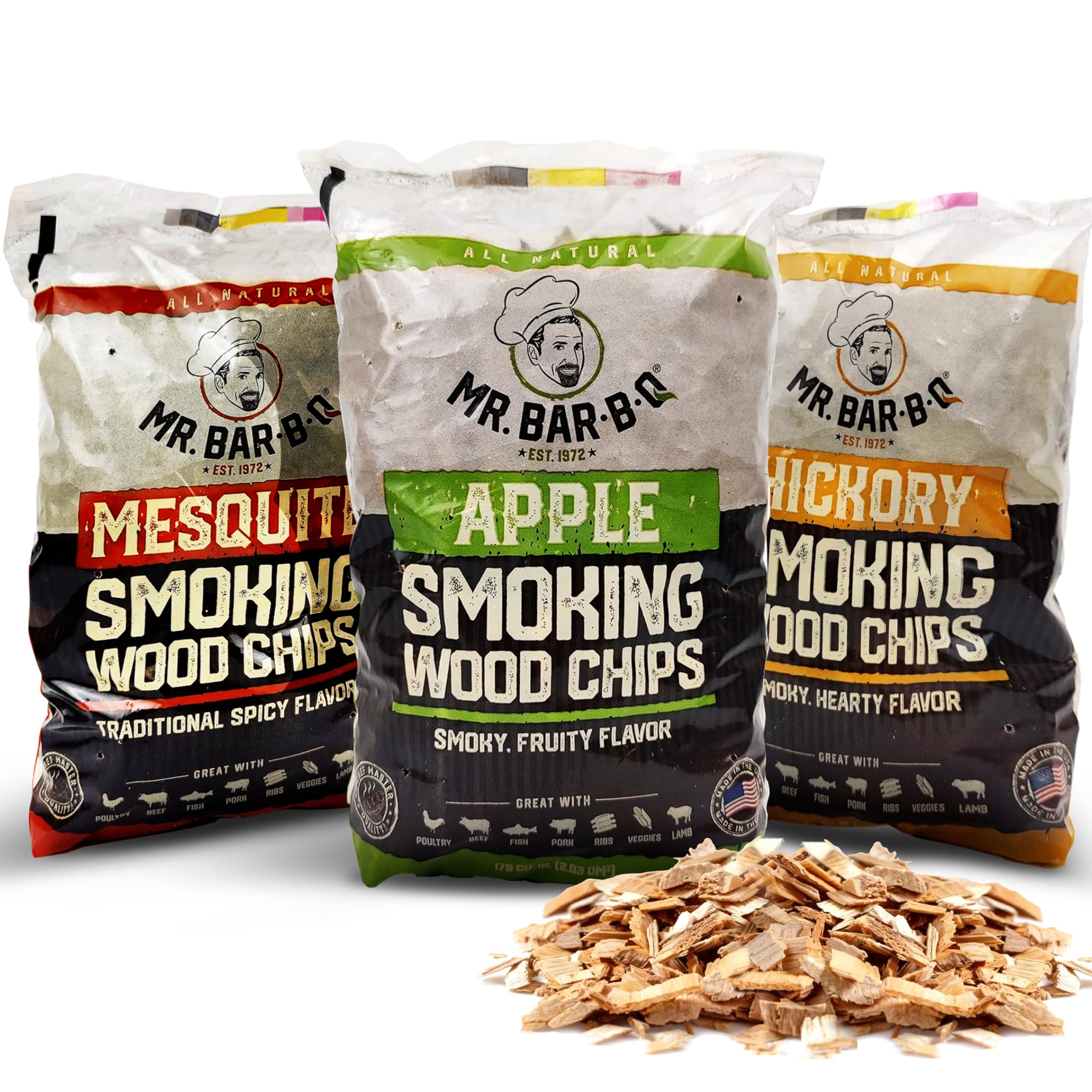 Wood Smoker Chips Bundle of 3 Flavors - Apple, Mesquite & Hickory Wood Chips by Mr. Bar-B-Q, Can be Used on Gas & Charco