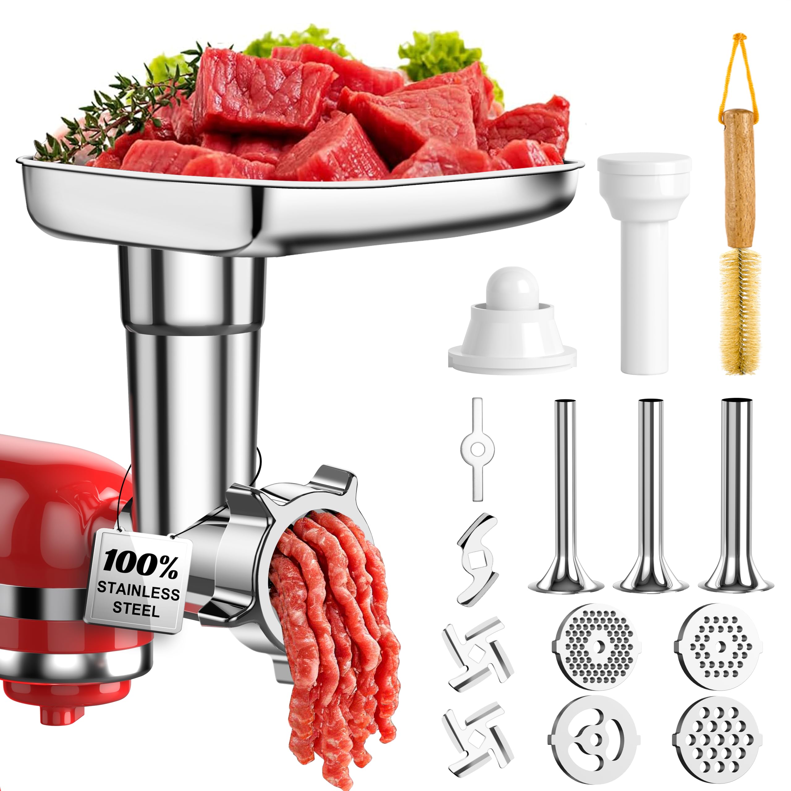 100% Polished Stainless Steel Meat Grinder Attachment for KitchenAid Mixer, Dishwasher Safe Food Grinder Attachment Anti