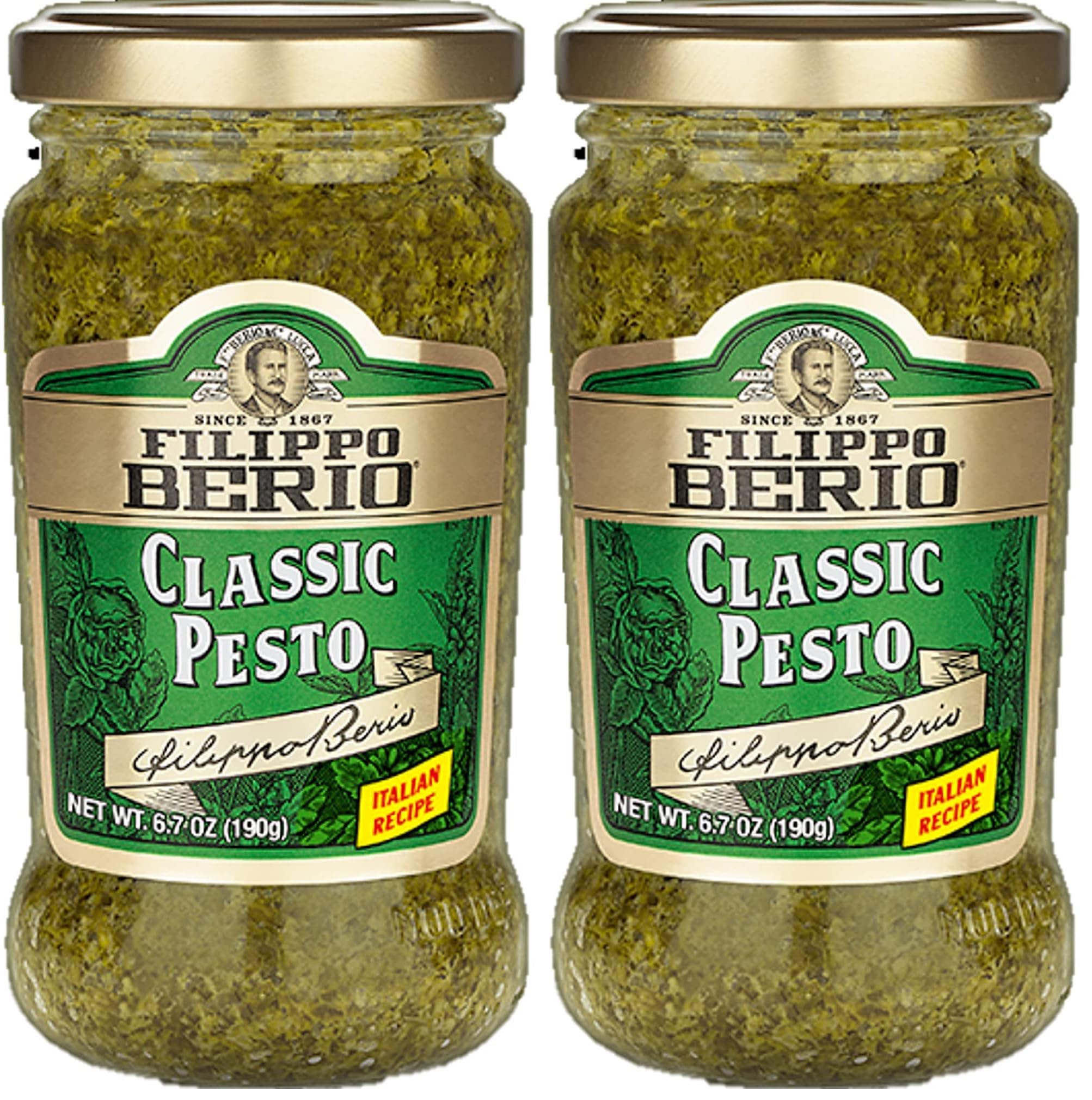Filippo Berio Pesto, Classic Basil, 6.7 Ounce Glass Jar, Gluten Free, Non-GMO (Pack of 2)