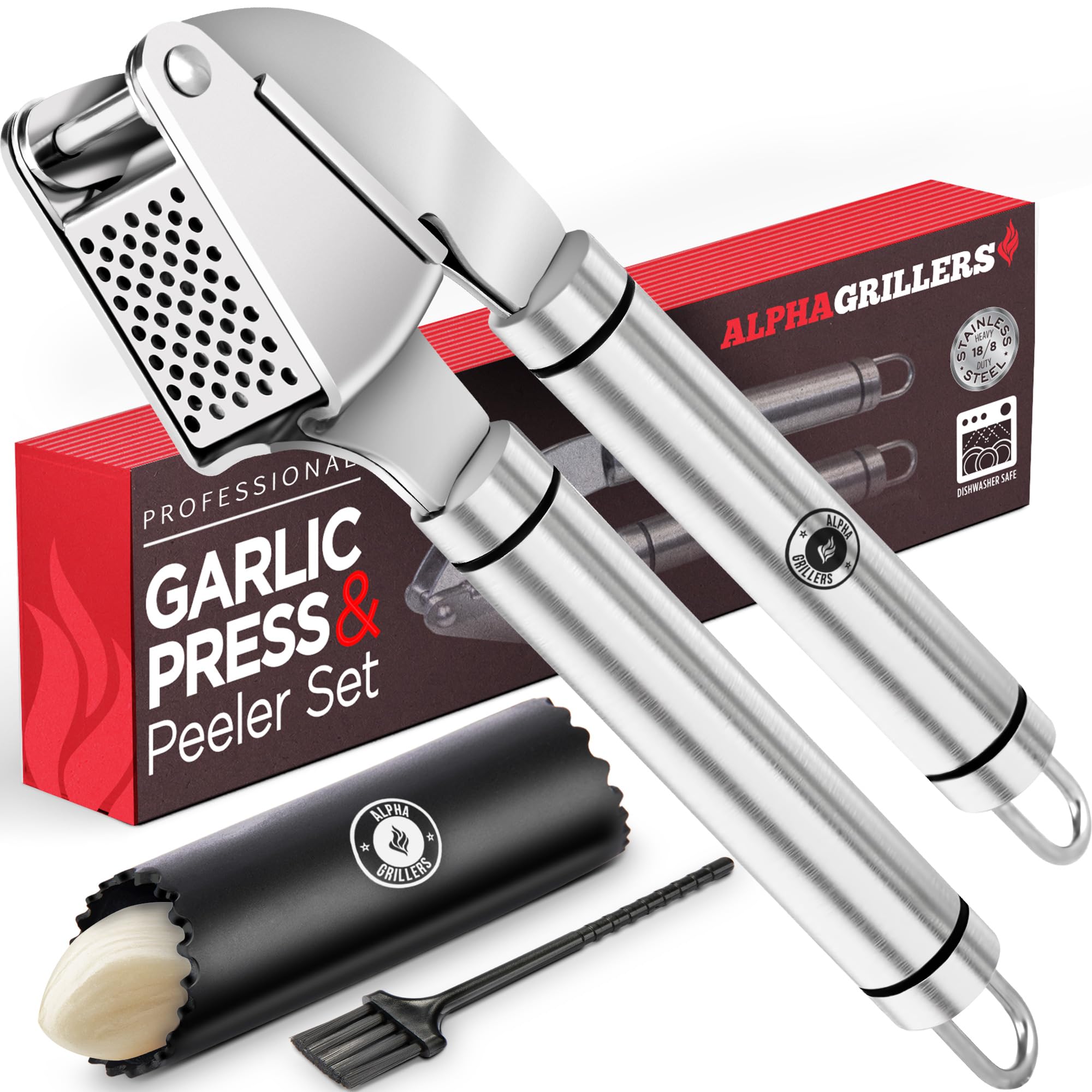 Alpha Grillers Garlic Press Stainless Steel, Mincer, Crusher & Peeler | Dishwasher Safe, Rust-Proof, BPA-Free & Easy to 