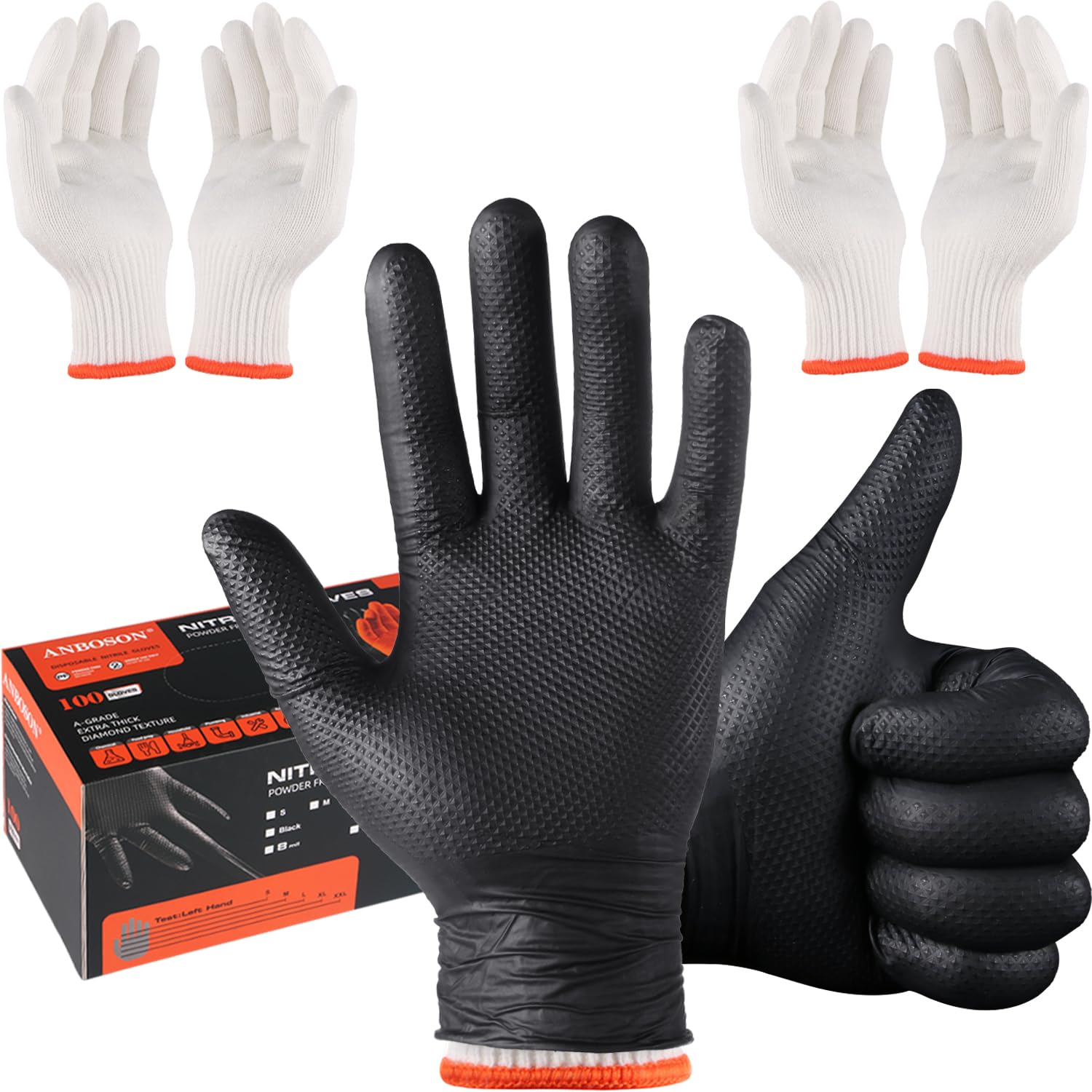 BBQ Gloves Disposable, Heat Resistant Grilling Gloves for Cooking | 10Mil Heavy Duty Nitrile Gloves-100Ct &4 Cotton Line