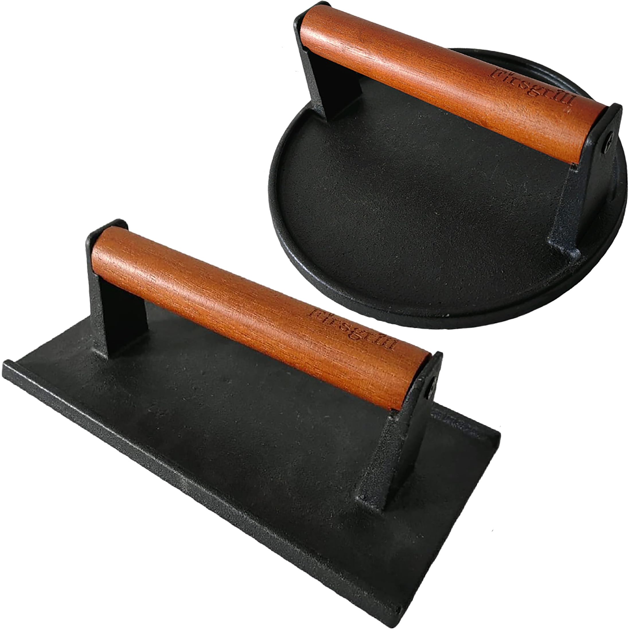 Burger Press 7.08" Round & 8.3”X4.3”Rectangle Heavy-Duty Cast Iron Smash Meat Steak with Wood Handle for Blackstone Cam