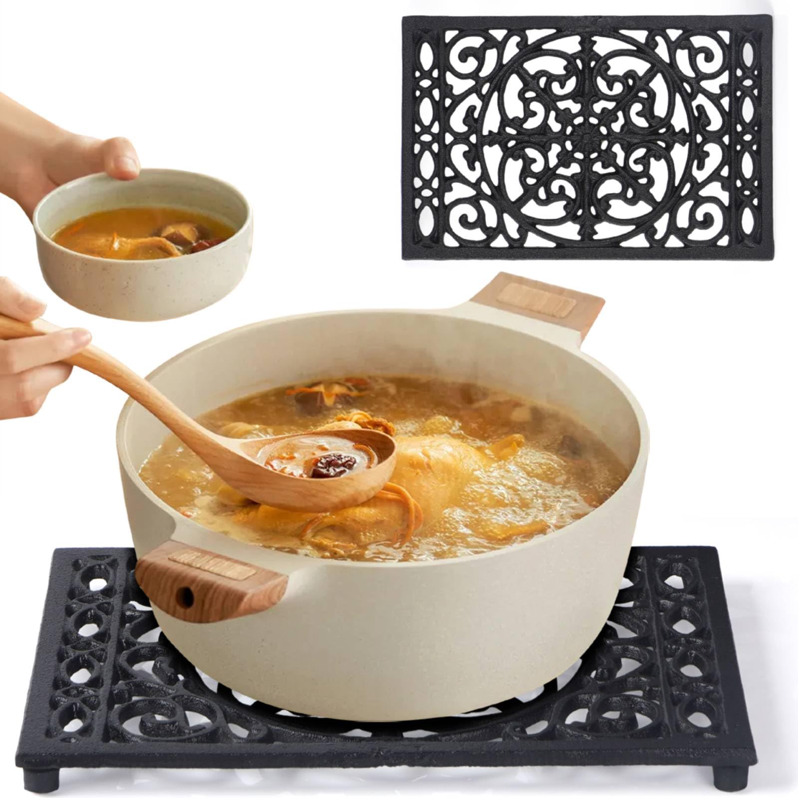 Notakia 9.6 x 6.3 Inch Cast Iron Trivet Set, Large Metal Trivets for Hot Dishes Pots Pans Decorative Kitchen Trivets, He