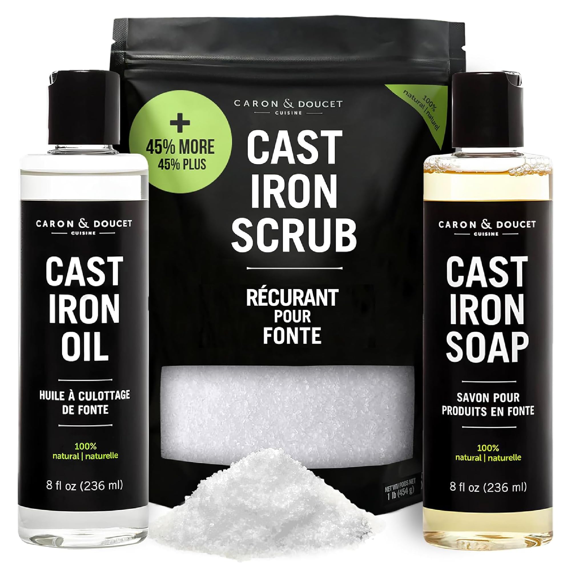 CARON & DOUCET – New Ultimate Cast Iron Set: Seasoning Oil, Cleaning Soap & Restoring Scrub | 100% Plant-Based & Best fo