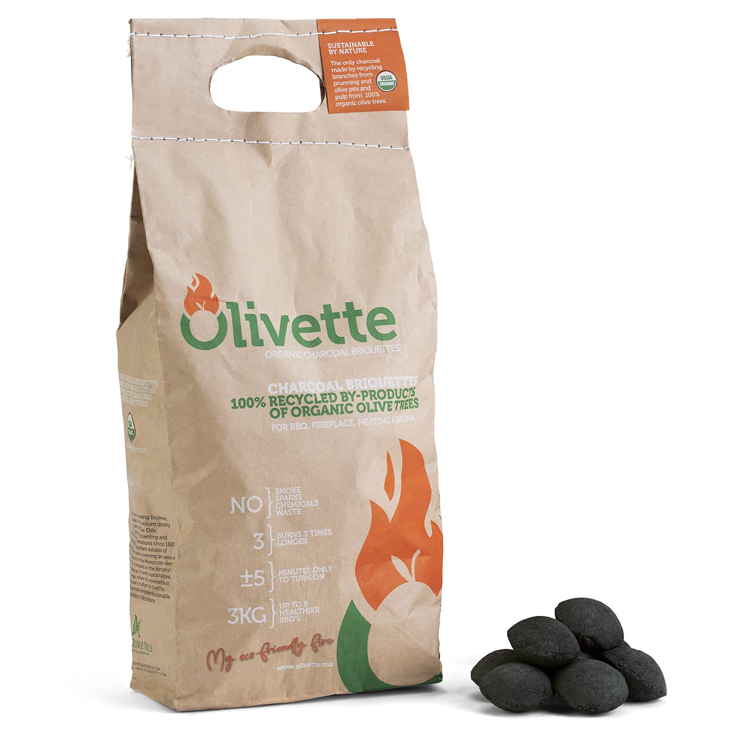 OLIVETTE Organic BBQ Charcoal Briquettes, USDA Certified, 6.6 lb Bag | Reusable Charcoal For Grilling & Smoking, Burns 3