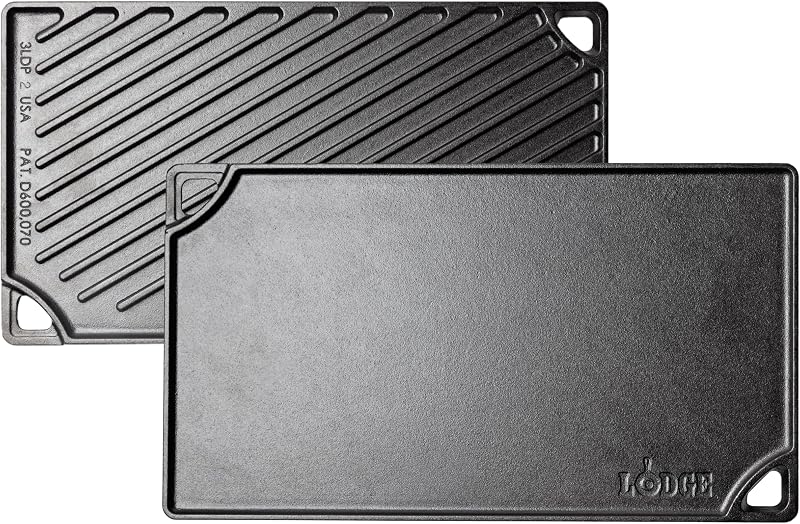 Lodge Reversible Cast Iron Grill/Griddle Pan 16.75 x 9.5 - Pre-Seasoned Dual-Sided Double Burner for BBQ, Eggs