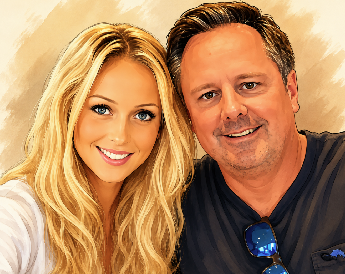 Illustrated portrait of Uncle Larry and his co-star Sally Peppers smiling together