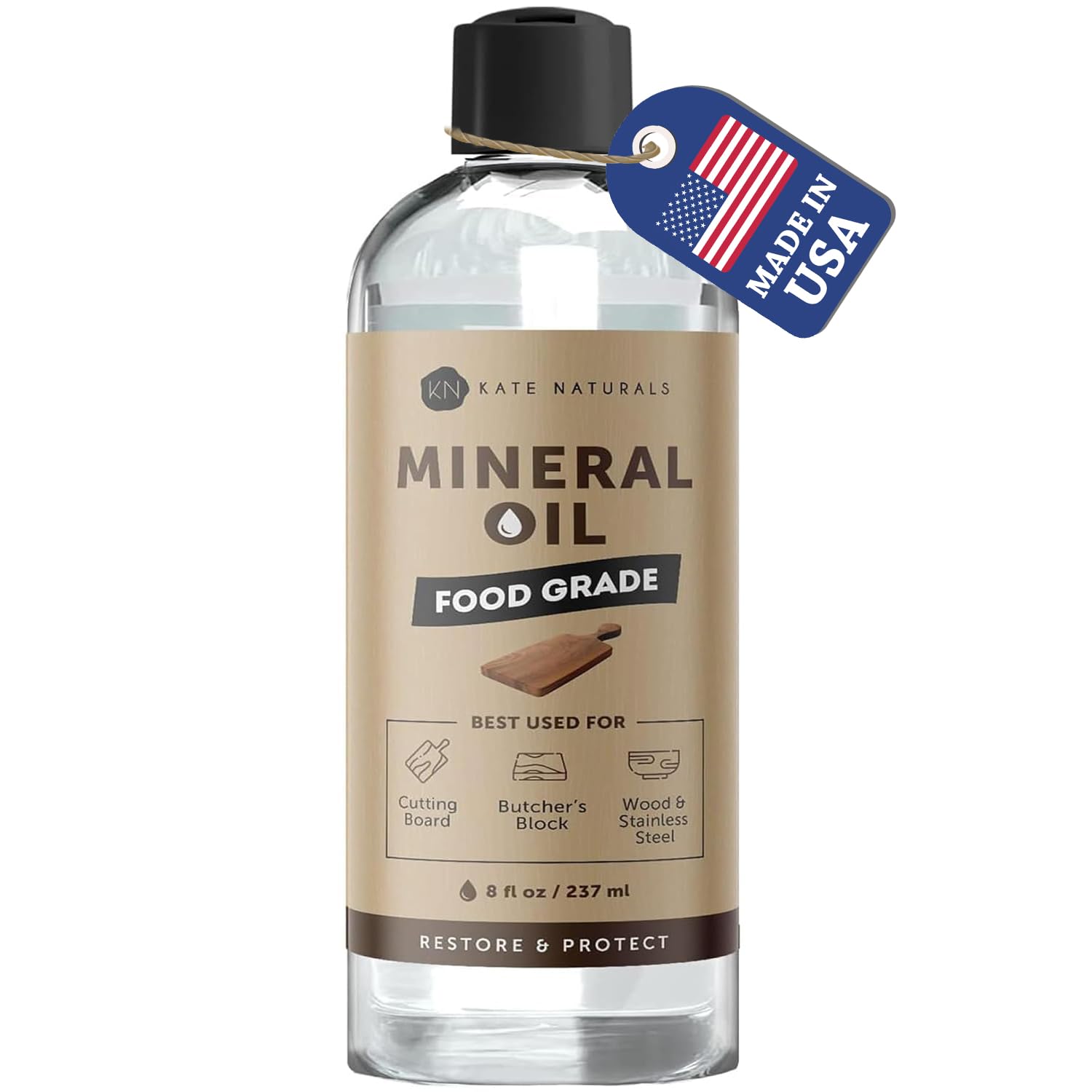 Kate Naturals Mineral Oil for Wood Cutting Board, Food Grade, Odorless, 8oz | Food Safe Mineral Oil to Protect Wooden Cu
