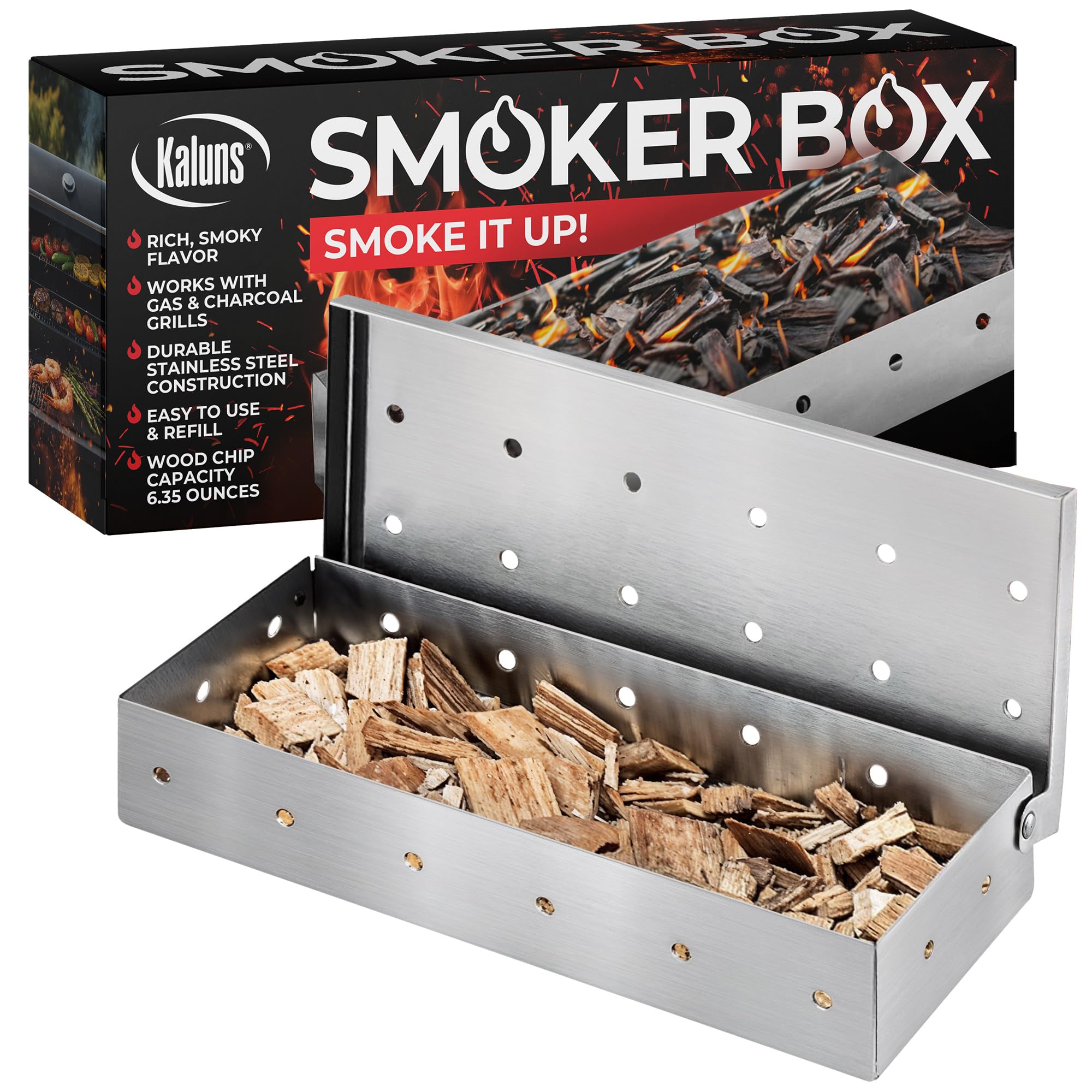 Kaluns Universal Stainless Steel Smoker Box, Gas or Charcoal Grill Smoke Box, Works with Wood Chips, add Delicious Smoke