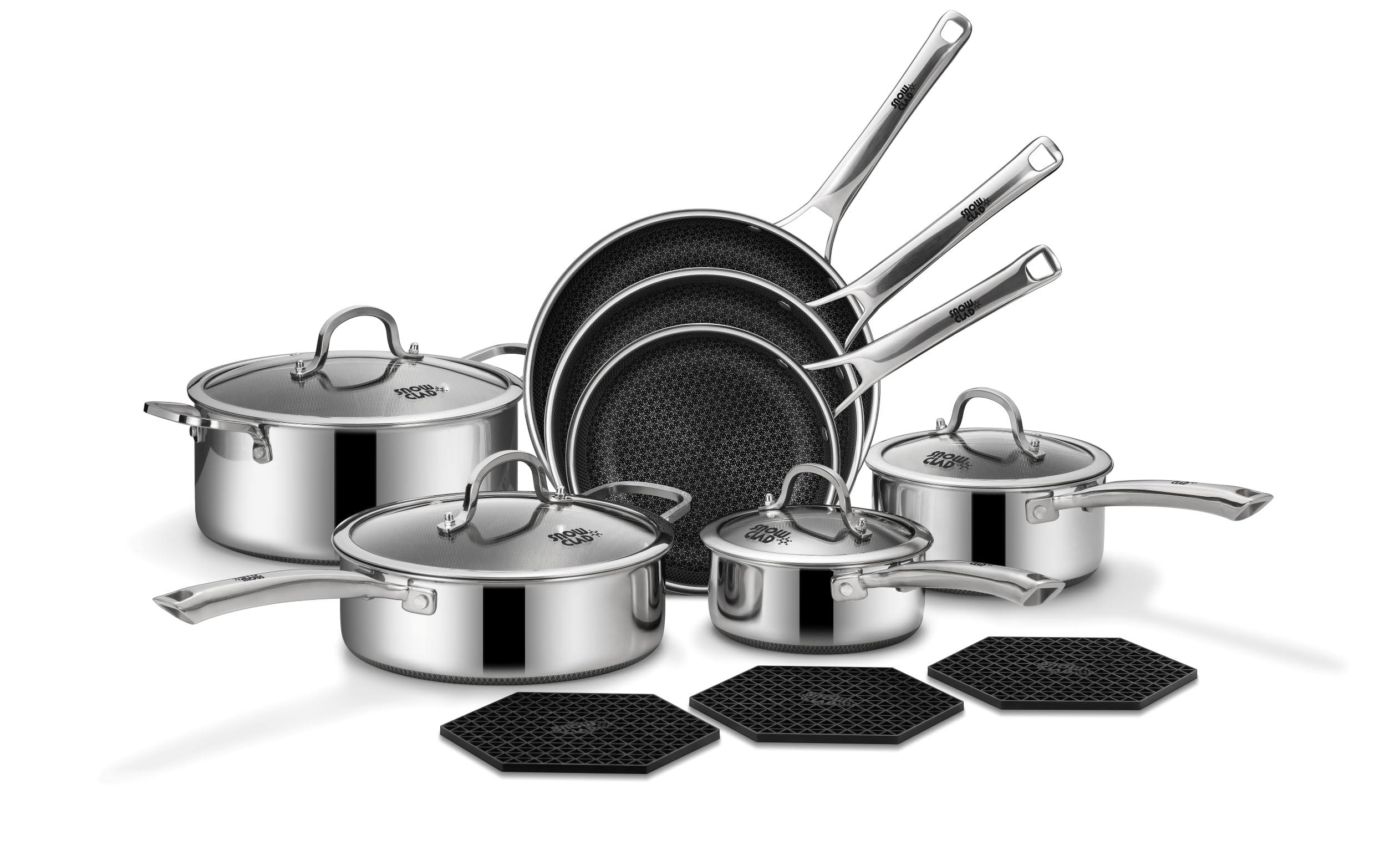 SNOWCLAD Pots and Pans Set Non Stick | Stainless Steel Kitchen Cookware | 14 Pcs | PFOA Free | Hybrid | Induction Compat