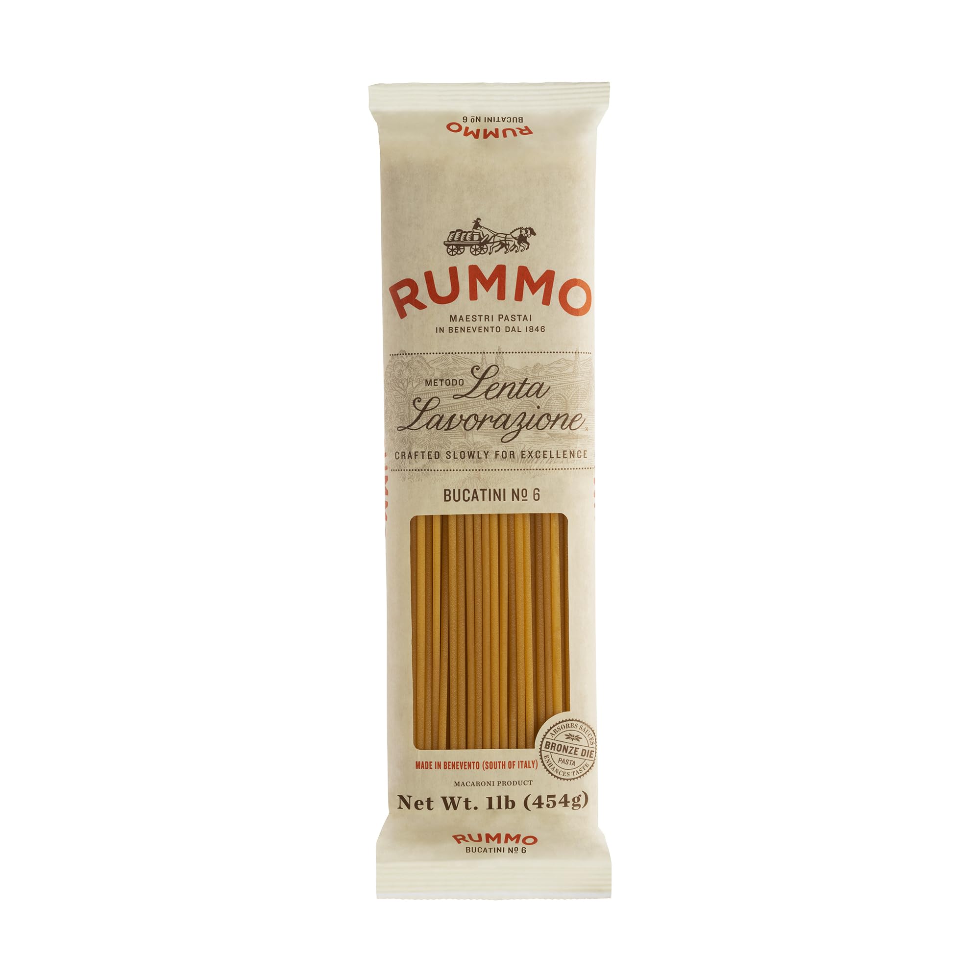 Rummo Bucatini Pasta N.6 - Bucatini Pasta Noodles, Dry Pasta, Durum Wheat Semolina Pasta, Bronze Cut, Imported from Ital