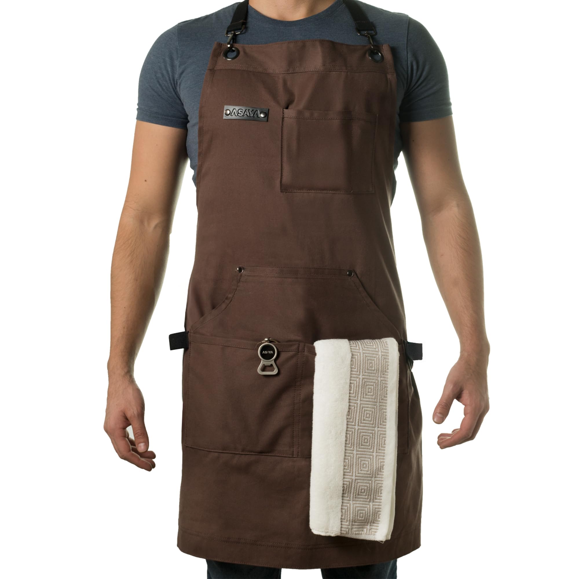 Asaya Chef and BBQ Apron with Bottle Opener and Hand Towel - 10oz Cotton Canvas, Stainless Steel Hardware - Cross Back S