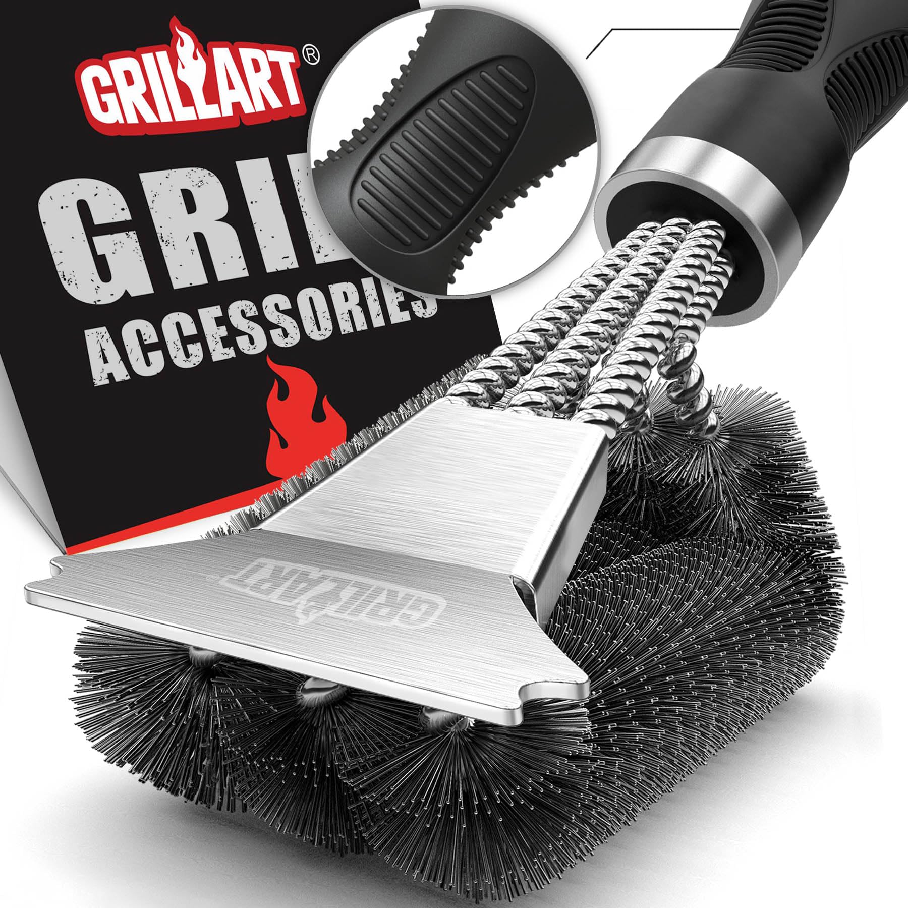 GRILLART Grill Brush, 18'' Extra-Strong Handle, BBQ Cleaner with Scraper | Remove Tough Grime, Triple Safe Wire Bristle 