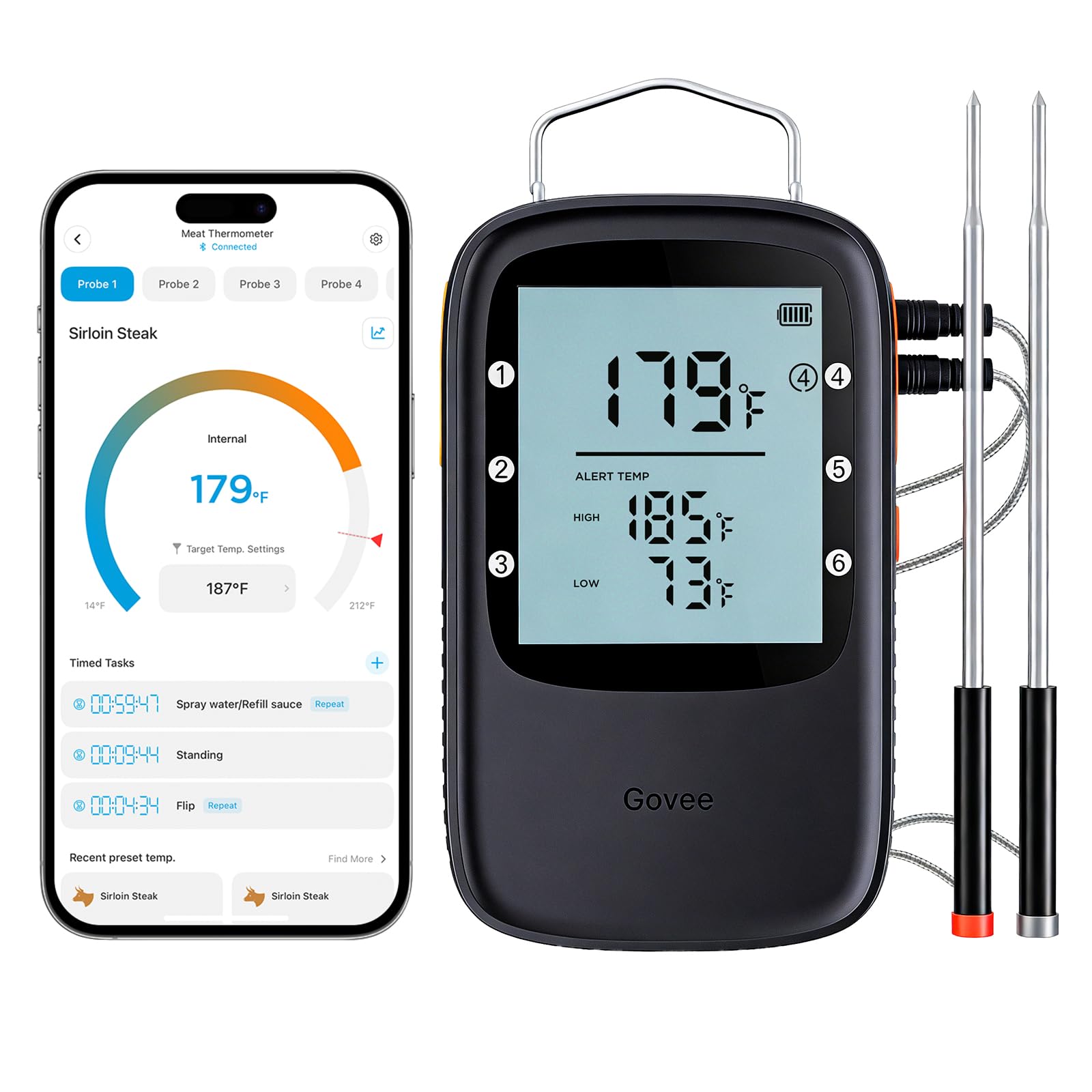 Govee Bluetooth Meat Thermometer Digital with Smart App Timer and Alerts | 2 Probes, 230ft Bluetooth Range, Smart LCD Ba