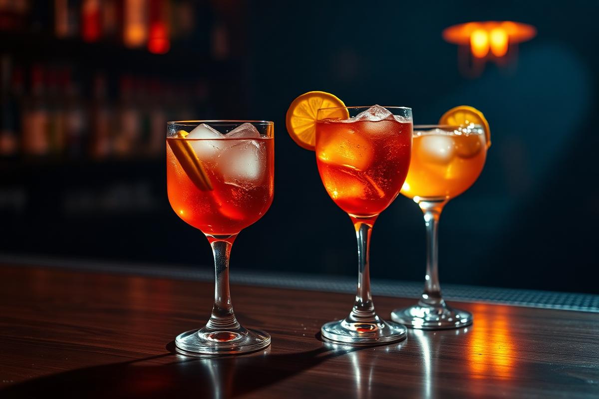 Negroni, Americano and Aperol Spritz cocktails lined up on a dark walnut bar