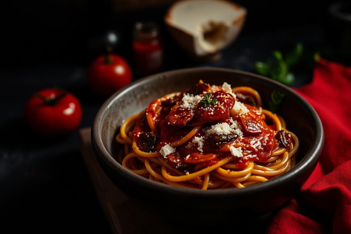 Bucatini all'amatriciana with tomato sauce, guanciale and pecorino