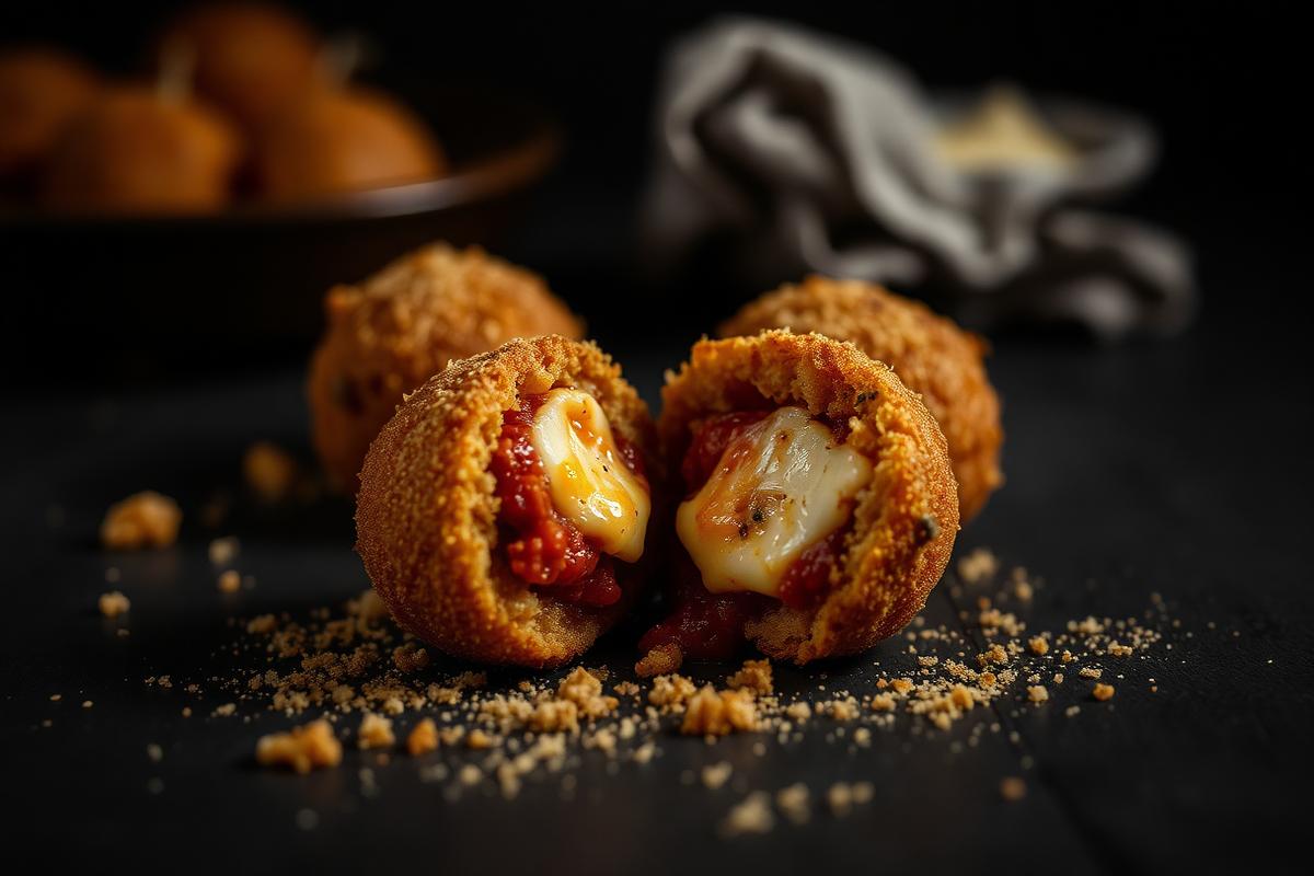 Sicilian arancini rice balls, one split open showing ragu and melted cheese