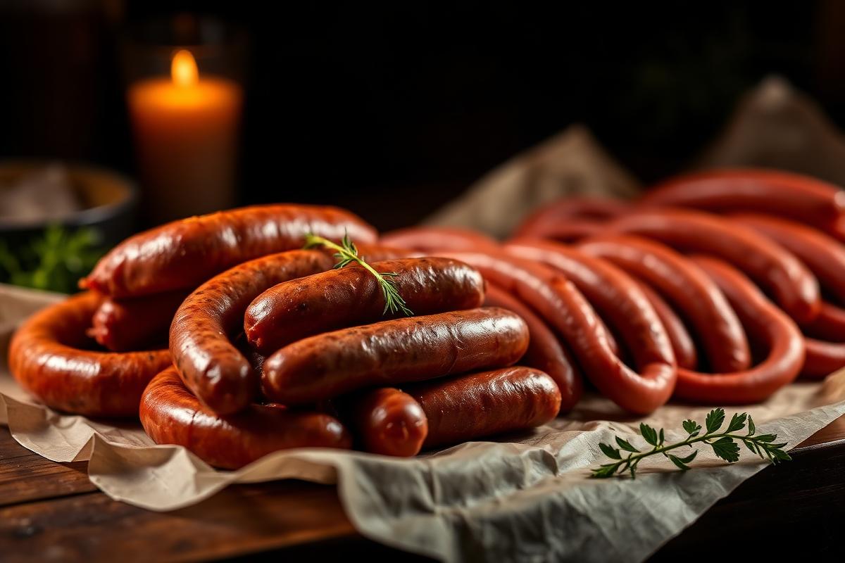 Coils and links of raw Italian sausage on butcher paper under warm light