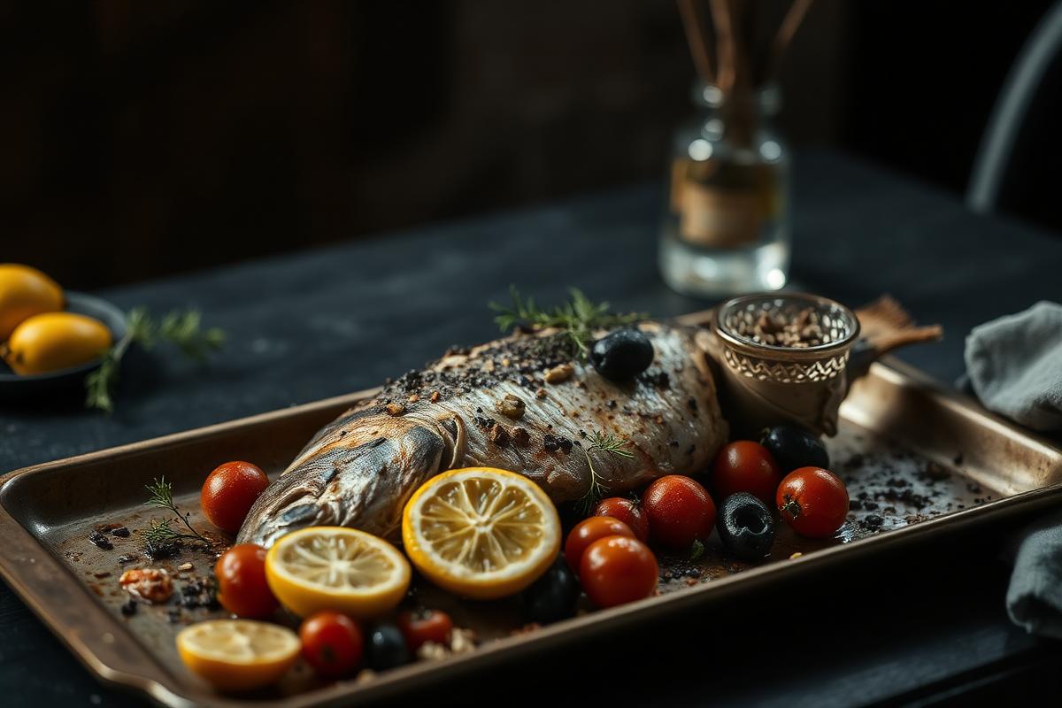 Whole roasted branzino with lemon slices, olives and cherry tomatoes on a sheet pan