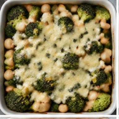 Illustrative broccoli & white bean bake in a baking dish