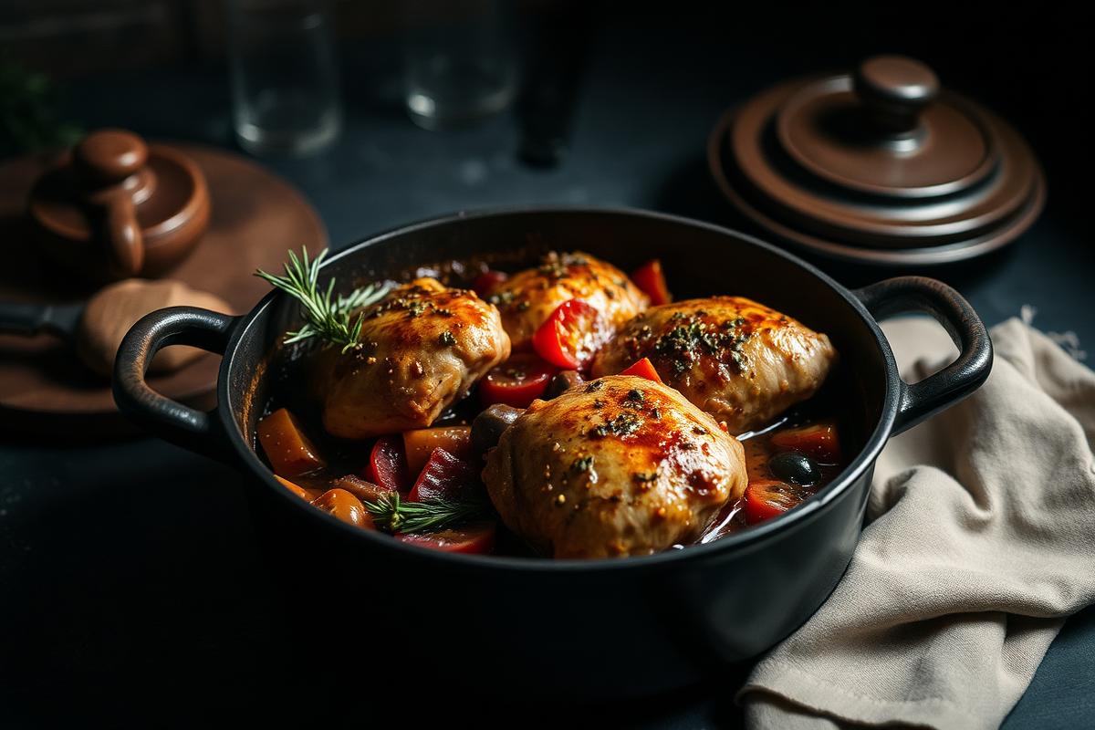 Pollo alla cacciatora braised chicken with peppers, tomatoes and rosemary