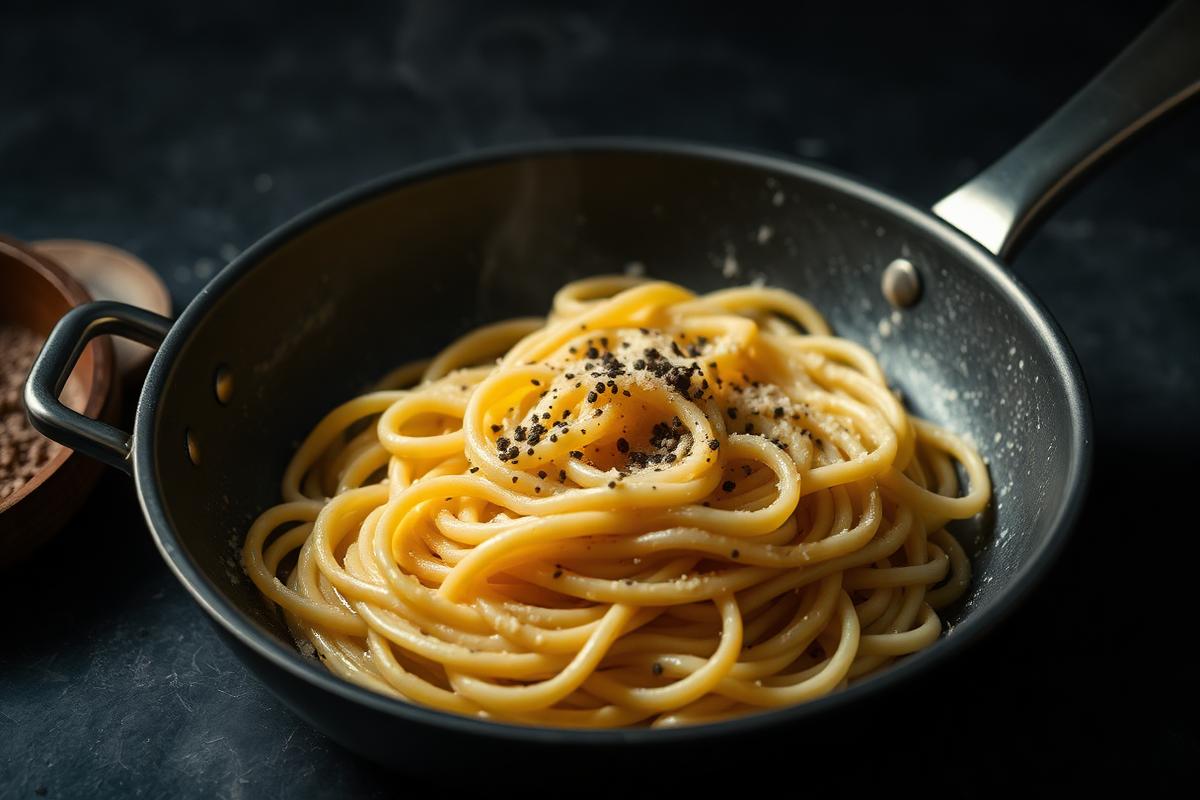 Cacio e pepe pasta in a pan with pecorino sauce and cracked pepper