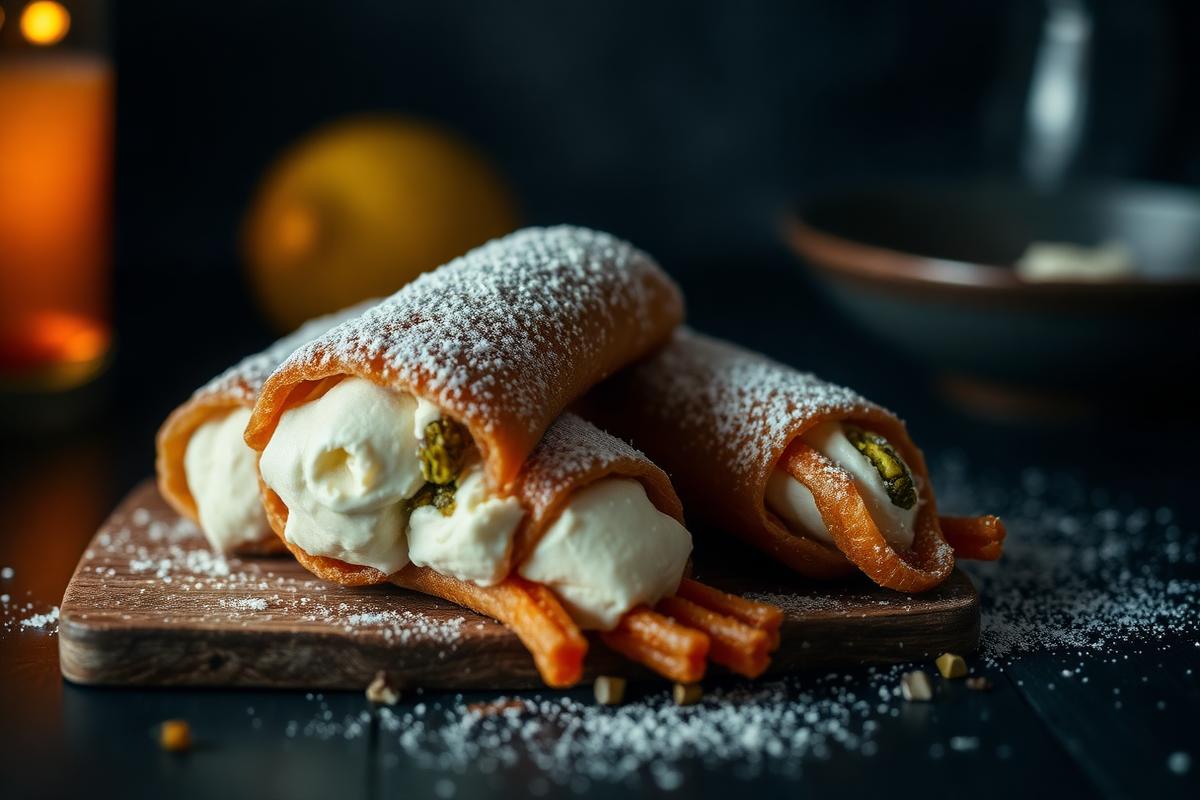 Sicilian cannoli filled with ricotta and pistachio, dusted with powdered sugar