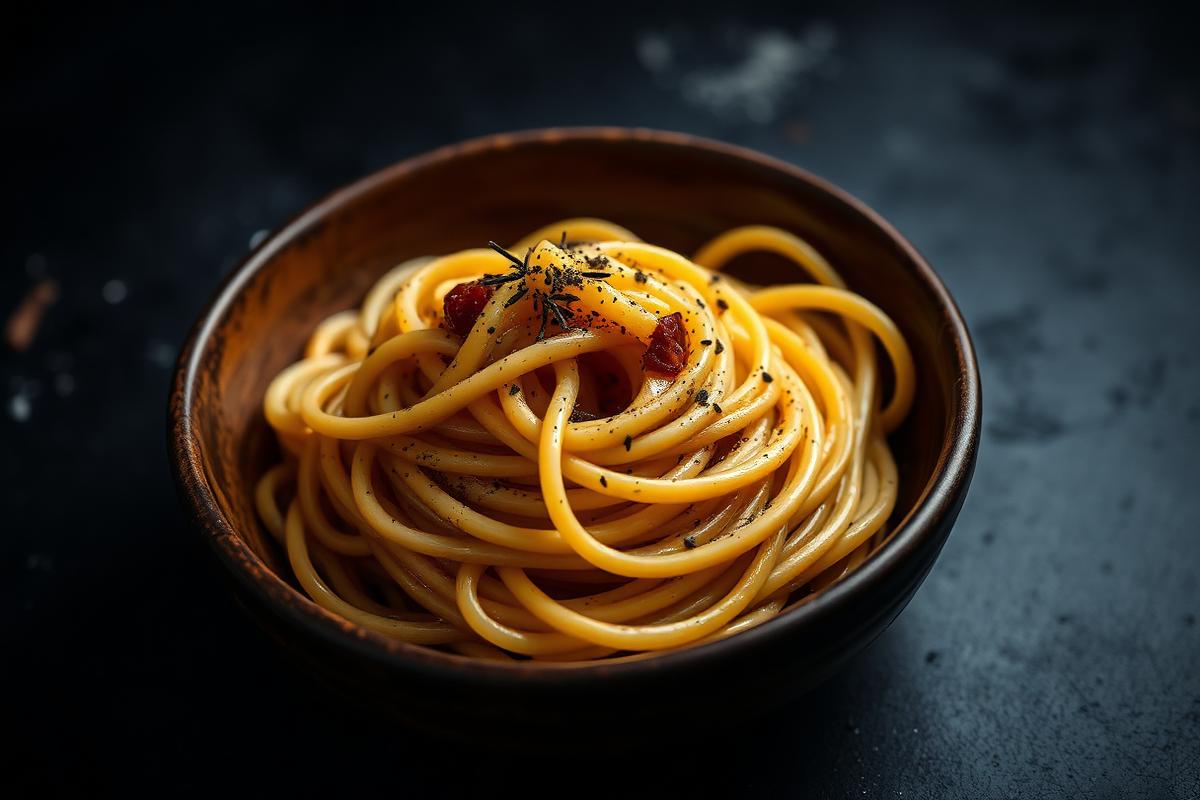Spaghetti carbonara twirled in a rustic bowl with guanciale and black pepper