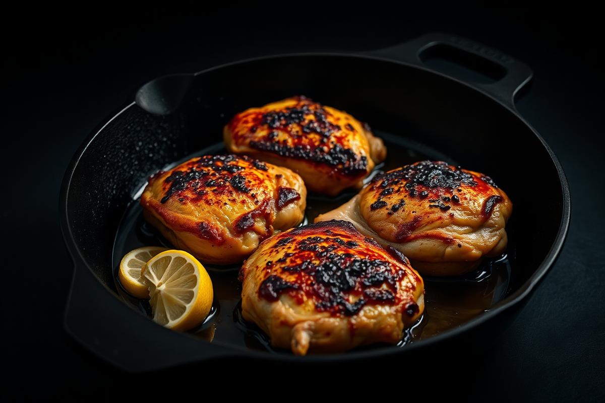 Crispy skin-on chicken thighs in a black cast iron skillet with lemon and garlic