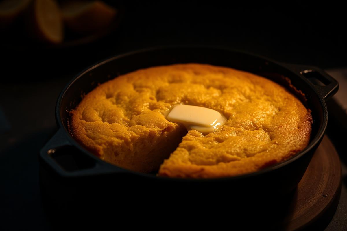 Golden skillet cornbread with a crisp browned edge in a black cast iron pan