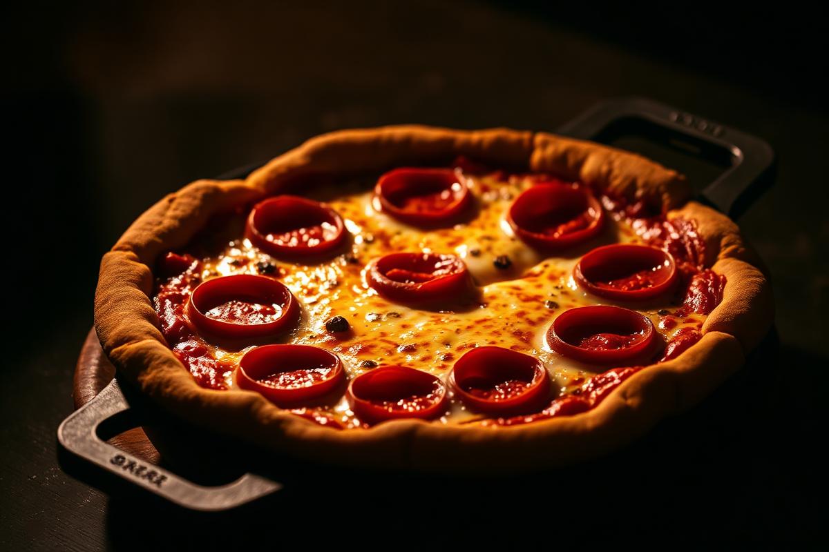 Cast iron skillet pizza with bubbling cheese and crisp pepperoni