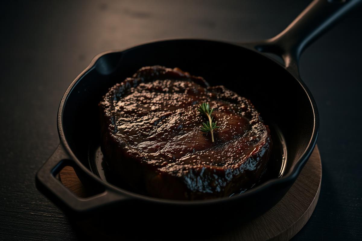 Seared ribeye steak resting in a black cast iron skillet with butter and thyme