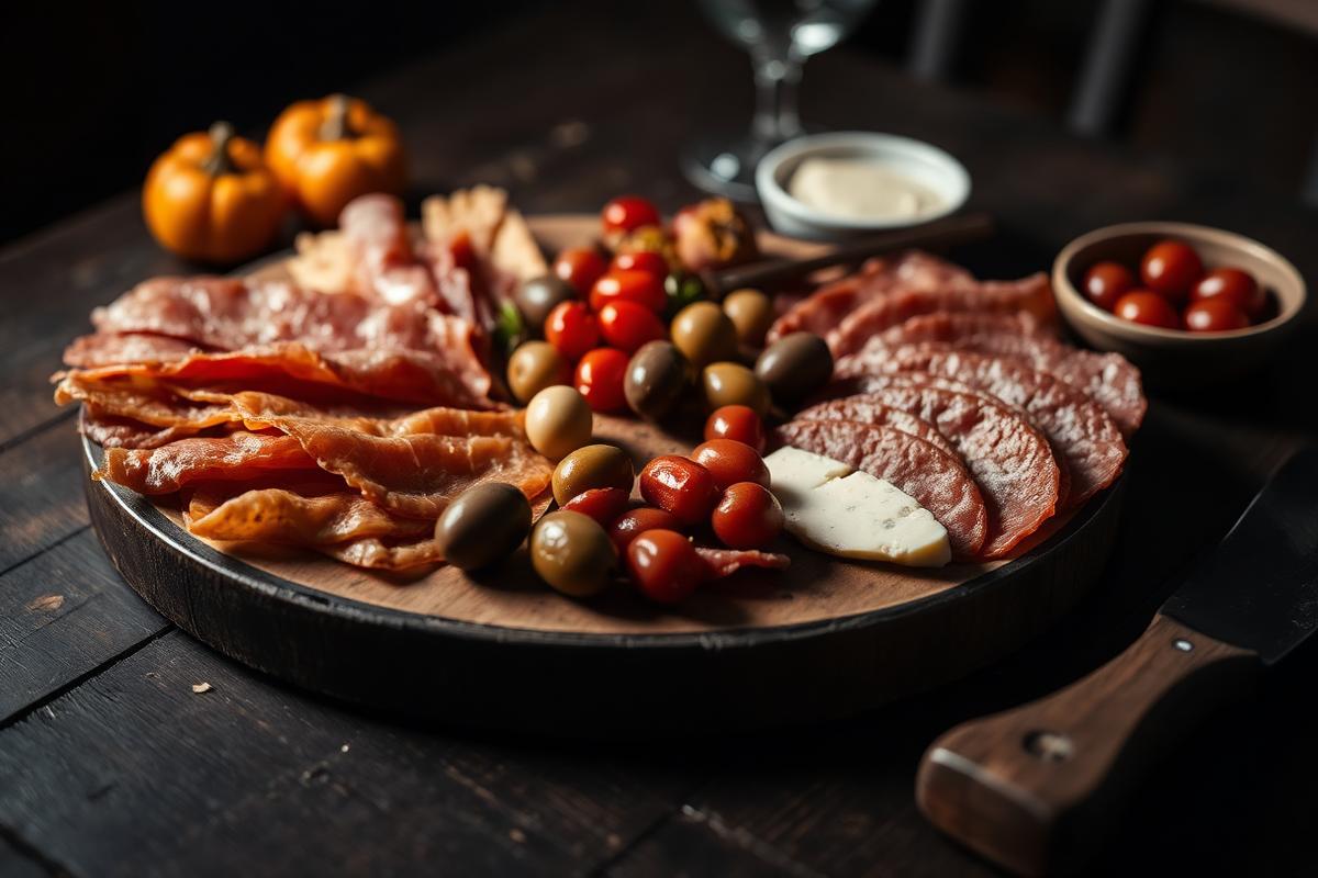 Italian antipasto board with cured meats, olives and cheese on a dark table