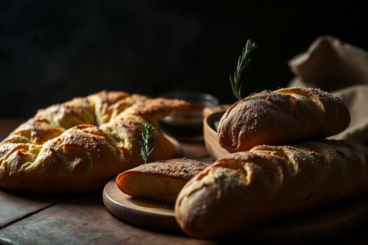 Golden Italian focaccia and crusty bread loaves on a wooden board