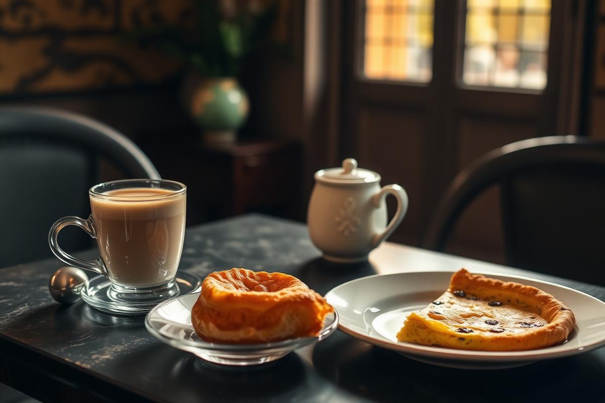 Italian breakfast of espresso, pastry and frittata on a dark table