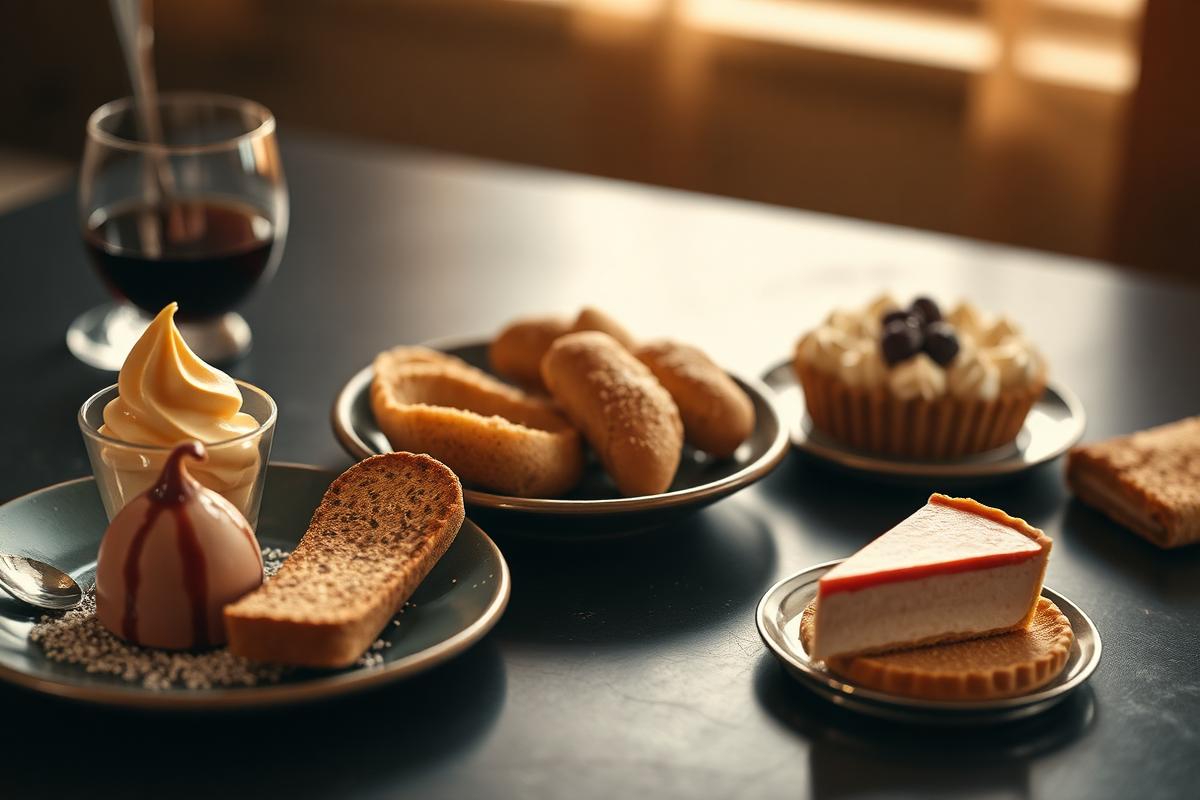 Assorted Italian desserts on a dark table in warm light