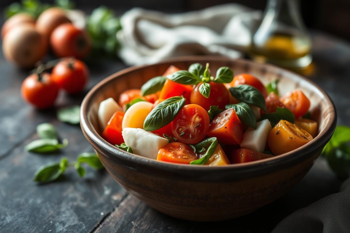 Fresh Italian salad with tomatoes, mozzarella and basil in a rustic bowl