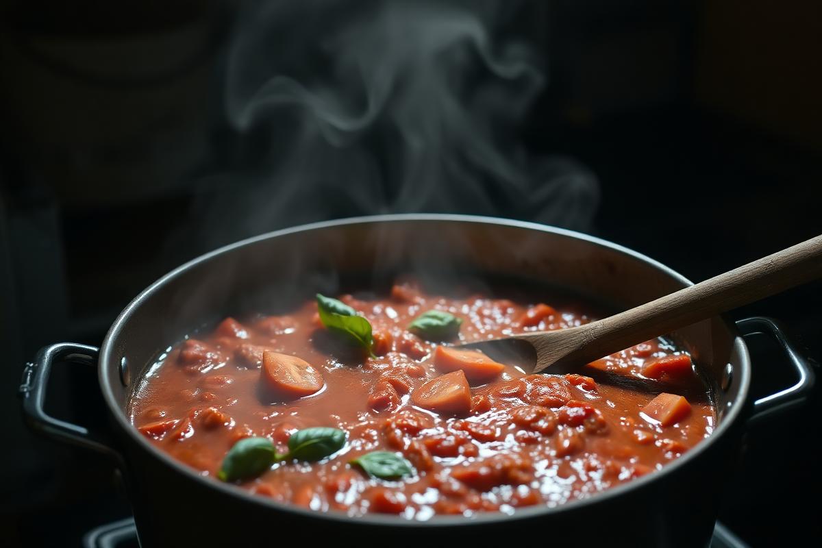 Pot of Italian tomato sauce simmering with basil and a wooden spoon