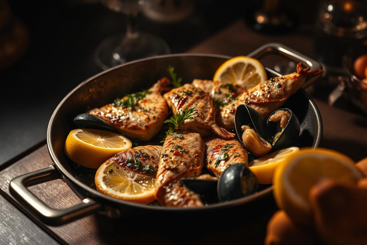 Italian seafood cooked in a pan with lemon and herbs