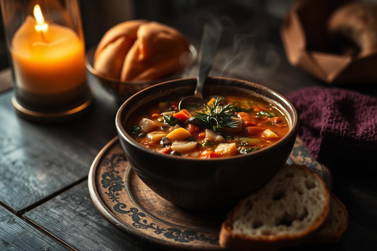 Steaming rustic bowl of Italian soup with bread on a dark table