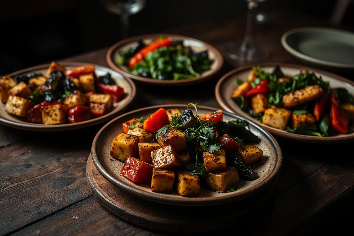 Roasted Italian vegetable side dishes on rustic plates