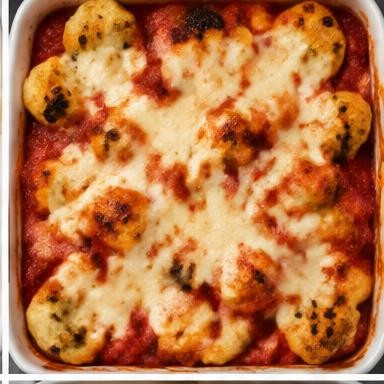 Illustrative cauliflower, tomato & mozzarella bake in a baking dish
