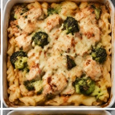 Illustrative chicken & broccoli pasta bake in a baking dish