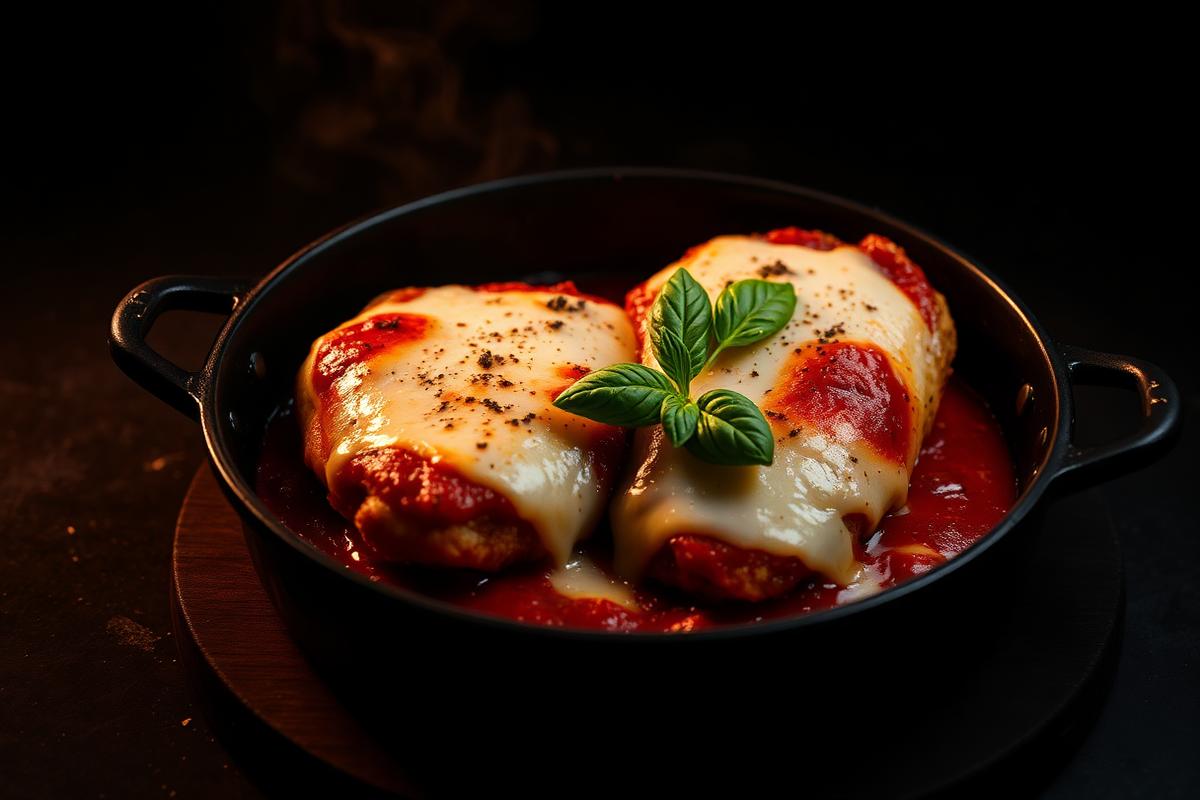 Chicken parmigiana with melted mozzarella and marinara in a cast iron dish