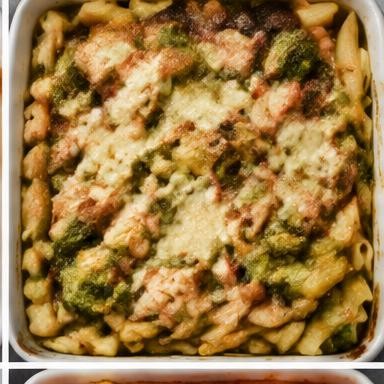 Illustrative chicken pesto pasta bake in a baking dish