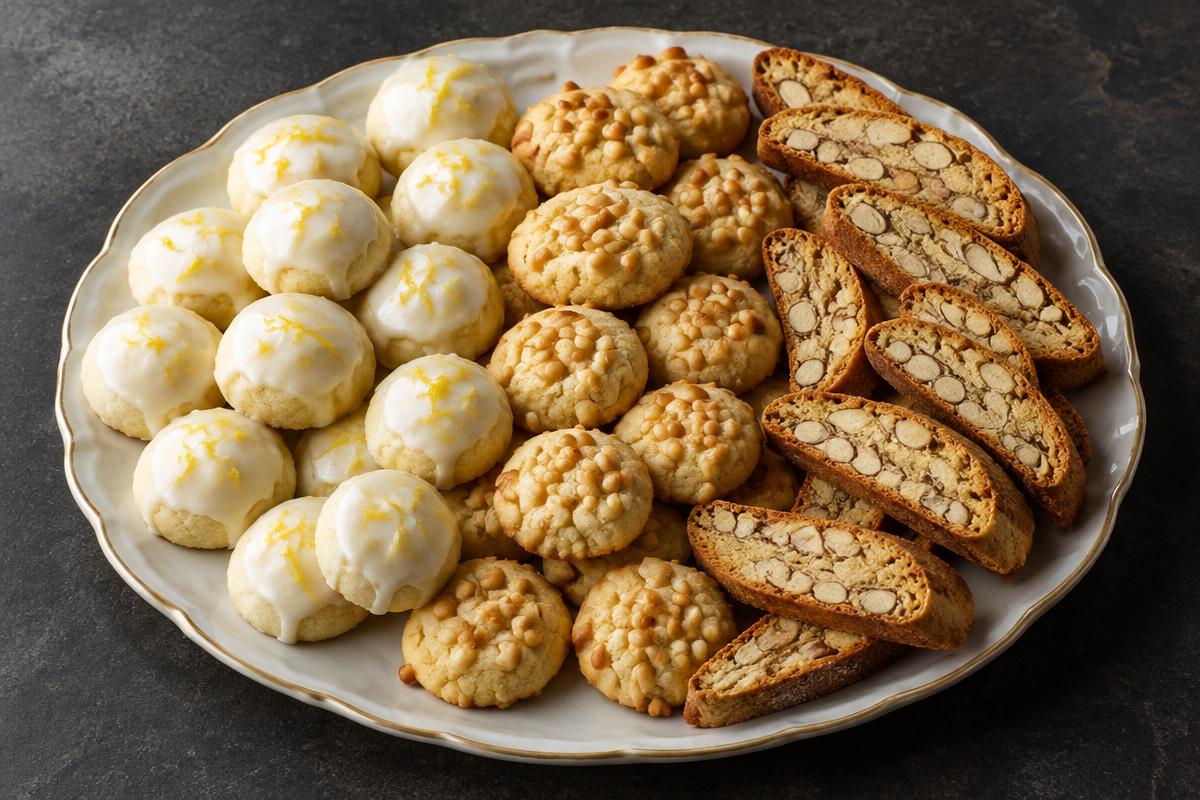 Illustrative platter of lemon-glazed ricotta cookies, pine-nut cookies and almond biscotti
