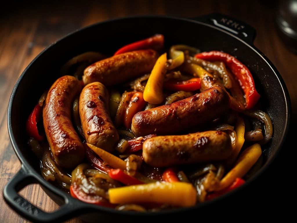 Italian sausage and peppers browning in a cast iron skillet