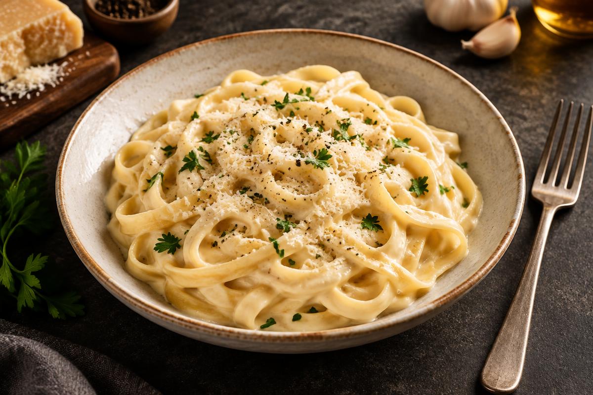 Illustrative cream-based garlic Parmesan fettuccine Alfredo