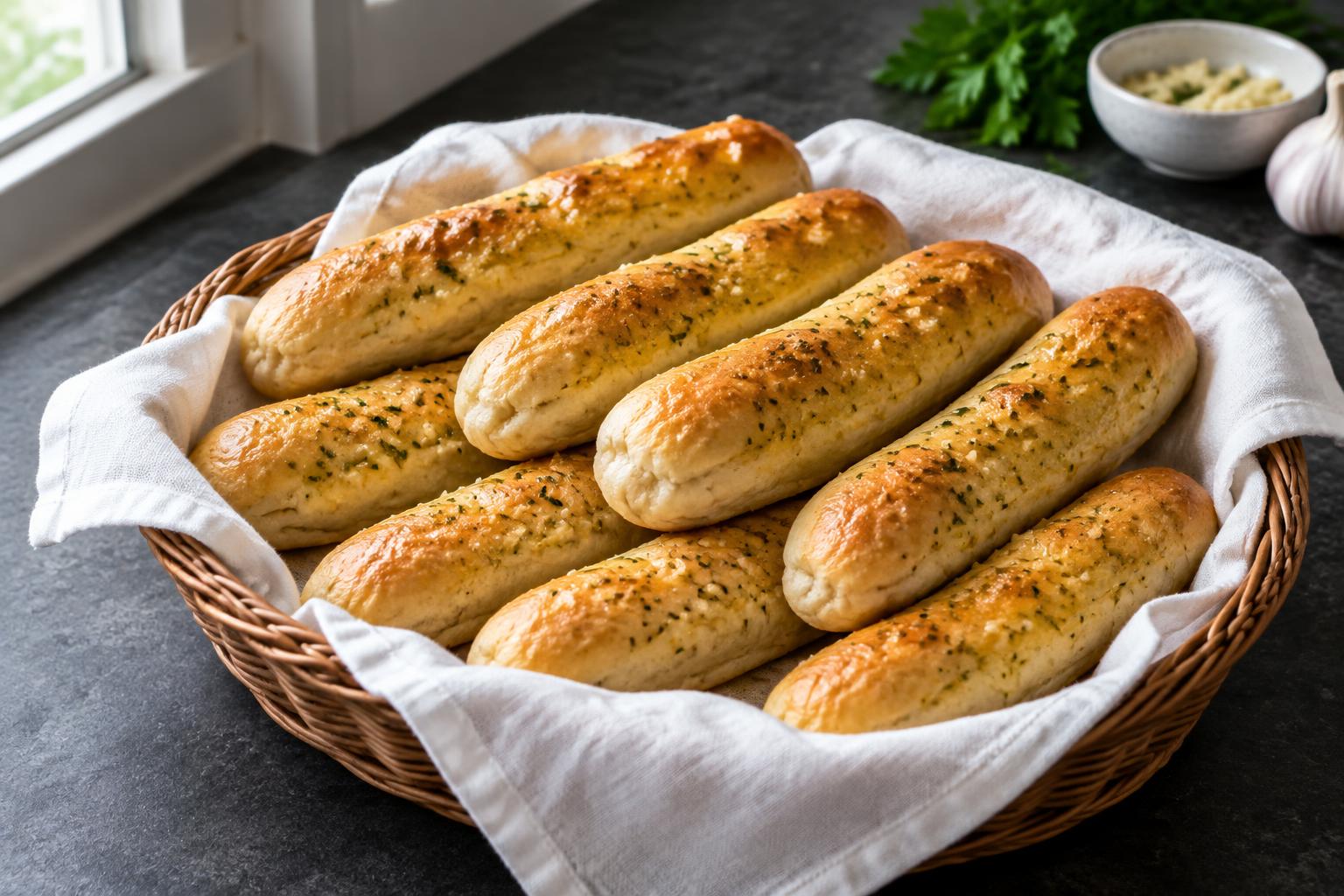 Illustrative homemade golden garlic breadsticks in a basket