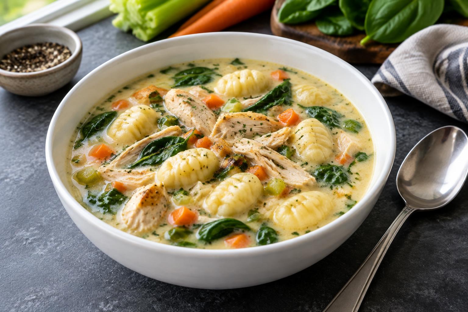 Illustrative creamy chicken gnocchi soup with spinach and carrot